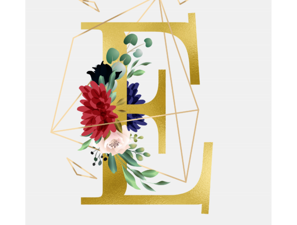 Alphabet E Floral Wreath Golden Foil